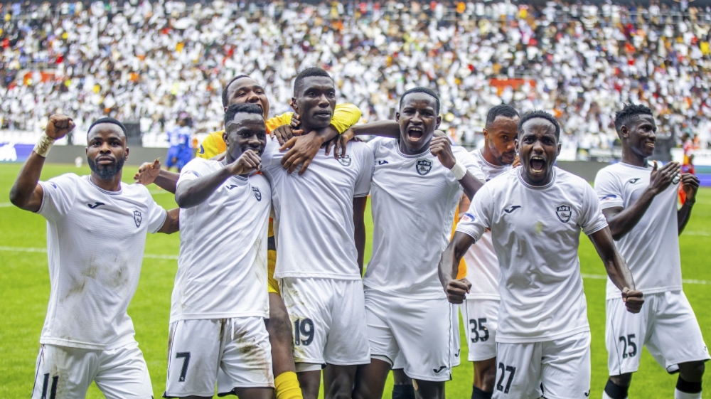 APR FC players celebrate a 3-0 derby victory over Rayon Sports at Amahoro Stadium on Saturday, November 8. Courtesy