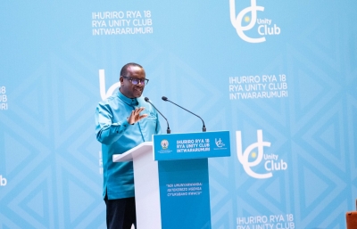 Minister Bizimana presents findings of the National Unity and Reconciliation Barometer during the 18th Annual Forum of Unity Club on Saturday, November 8. Photo by Dan Gatsinzi