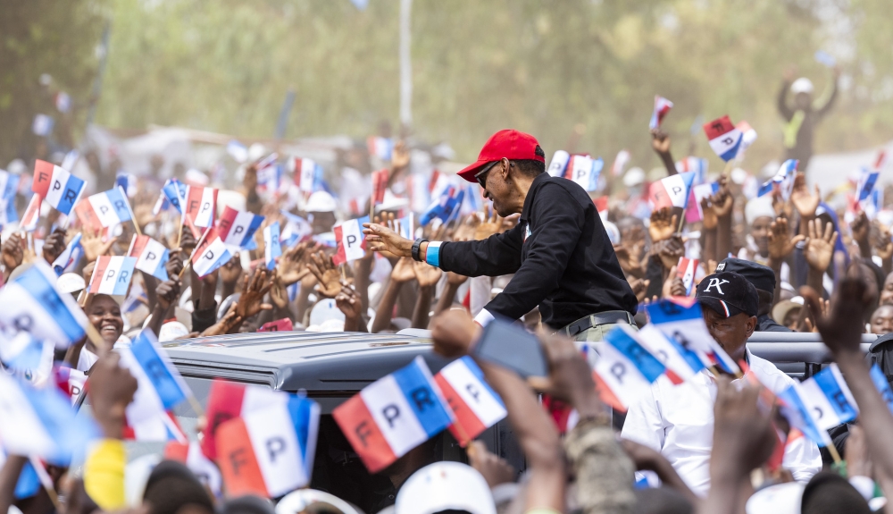 President Paul Kagame greets RPF-Inkotanyi members during a campaign rally in Bugesera District on July 6, 2024. Photo by Olivier Mugwiza.