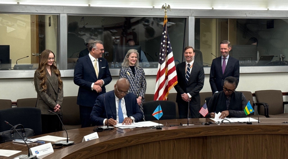 Rwandan and Congolese government officials sign the initial text of the Regional Economic Initiative Framework in Washington as US Senior Advisor for Africa Massad Boulos (second left) and other US officials look on. Courtesy of Massad Boulos