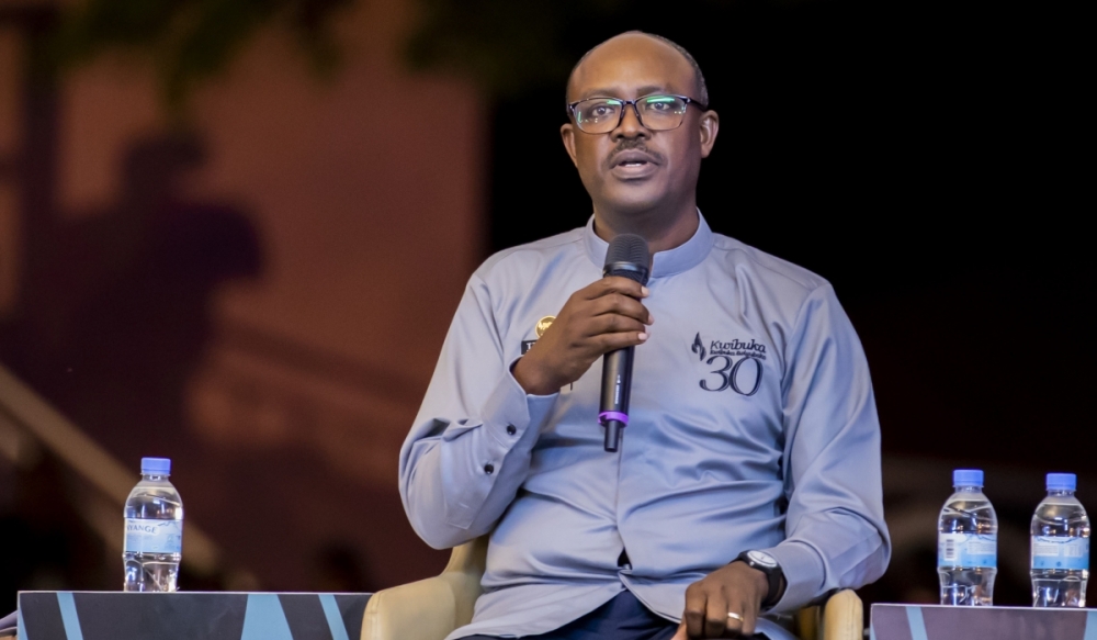 Philbert Gakwenzire, Chairperson of Ibuka, speaks during a commemoration event in Kigali in 2024. File