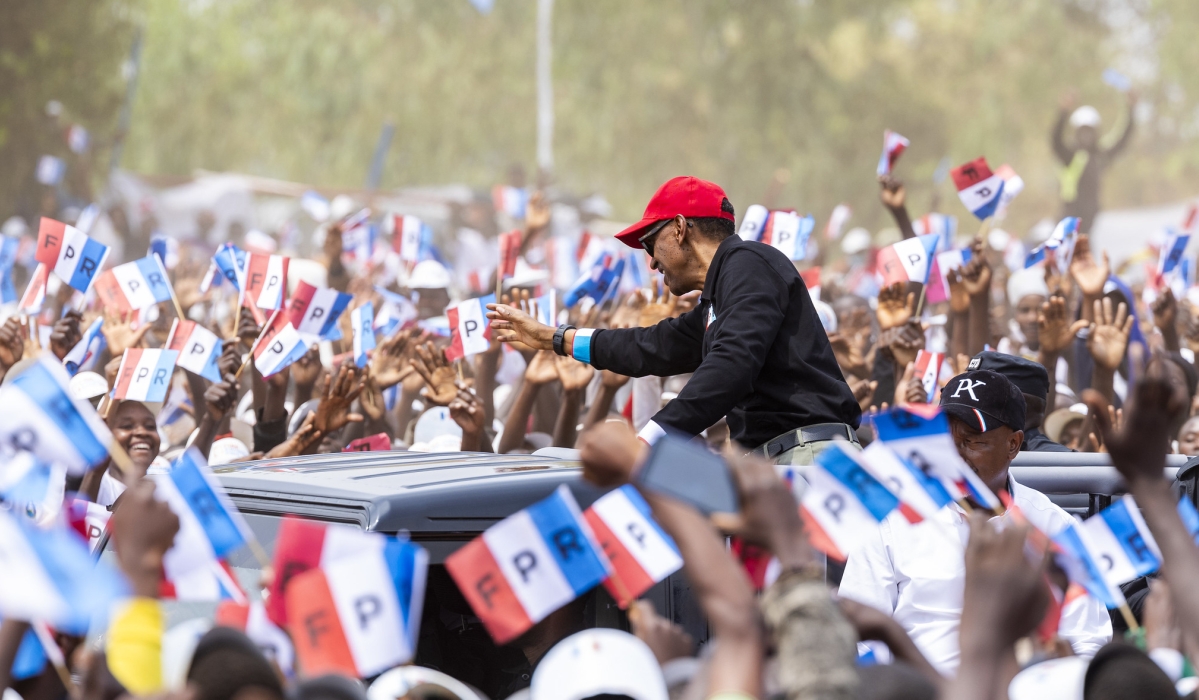 President Paul Kagame greets RPF-Inkotanyi members during a campaign rally in Bugesera District on July 6, 2024. Photo by Olivier Mugwiza.