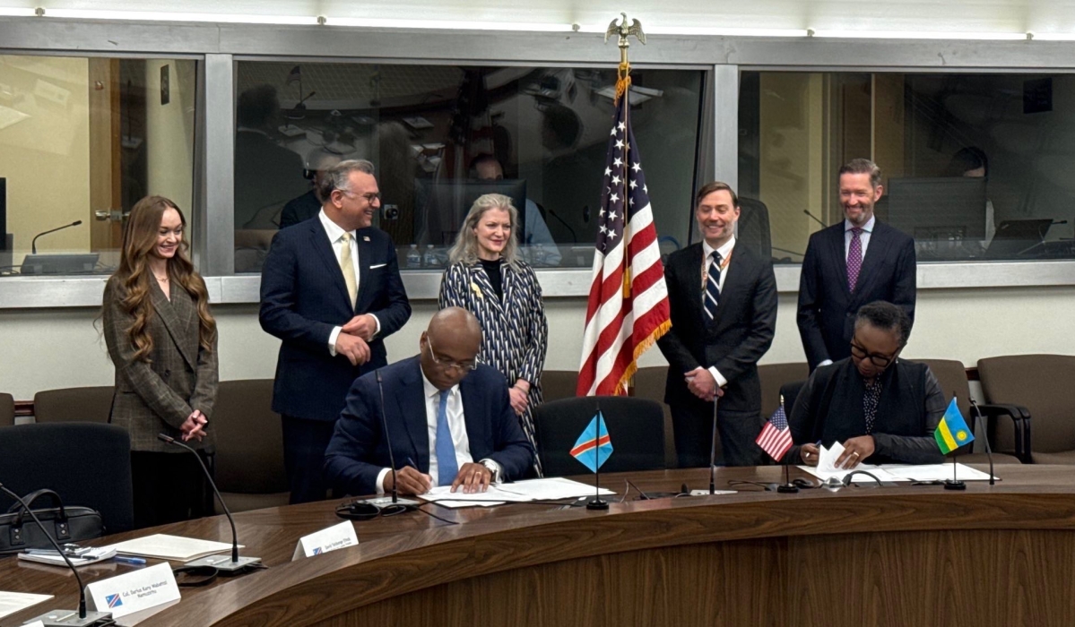 Rwandan and Congolese government officials sign the initial text of the Regional Economic Initiative Framework in Washington as US Senior Advisor for Africa Massad Boulos (second left) and other US officials look on. Courtesy of Massad Boulos