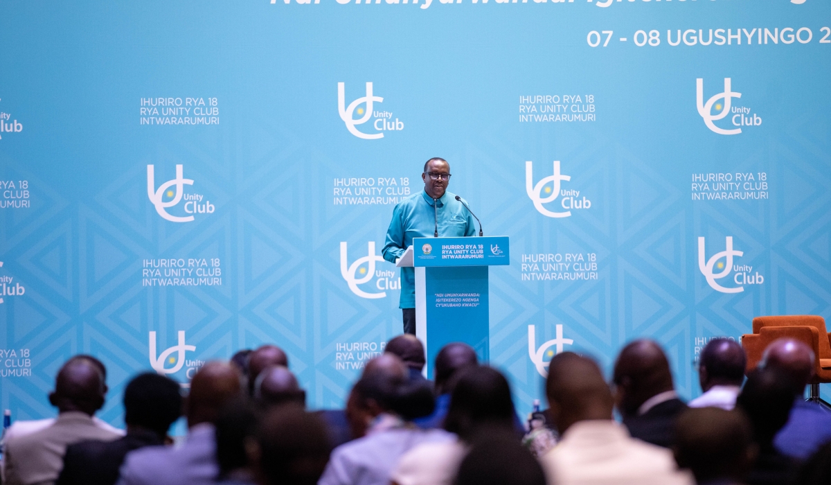 Minister of National Unity and Civic Engagement, Jean Damascène Bizimana, presents findings from the National Unity and Reconciliation Barometer during the 18th Annual Unity Club Forum on Saturday, November 8. Gatsinz