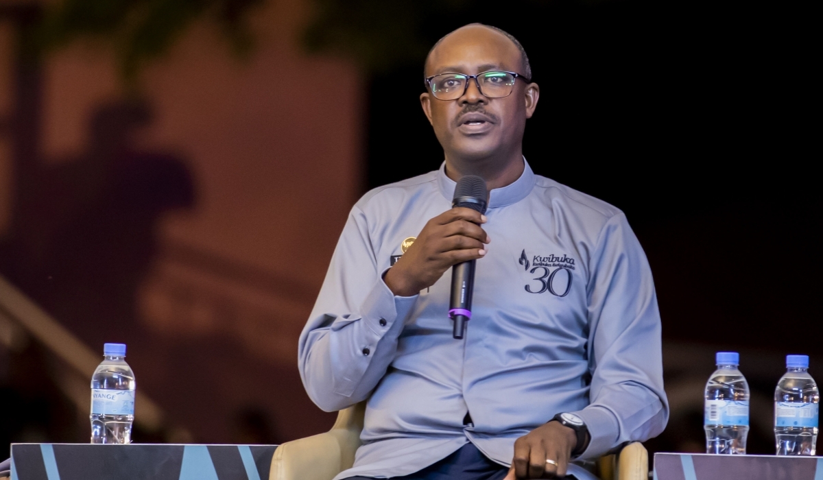 Philbert Gakwenzire, Chairperson of Ibuka, speaks during a commemoration event in Kigali in 2024. File