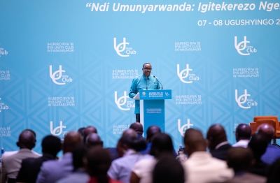 Minister of National Unity and Civic Engagement, Jean Damascène Bizimana, presents findings from the National Unity and Reconciliation Barometer during the 18th Annual Unity Club Forum on Saturday, November 8. Gatsinz