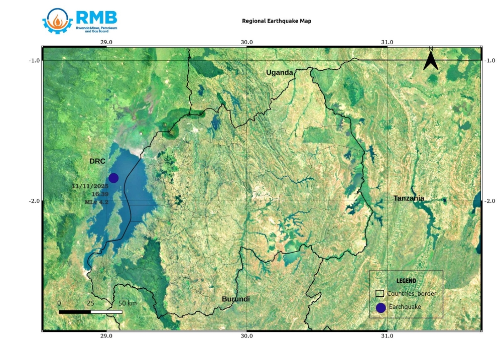 The Rwanda Mines, Petroleum and Gas Board (RMB) confirmed a magnitude 4.2 earthquake recorded on Tuesday, November 11, in Western Province.