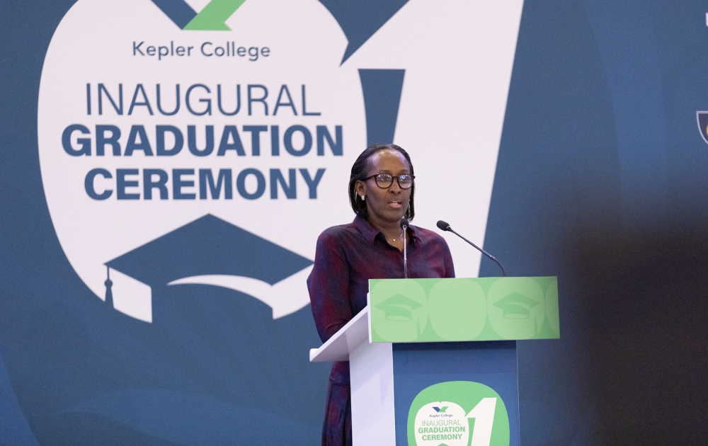 First Lady Jeannette Kagame delivers her remarks during the graduation ceremony of Kepler College, at the Kigali Convention Centre on Wednesday, November 12. Photos by Dan Gatsinzi