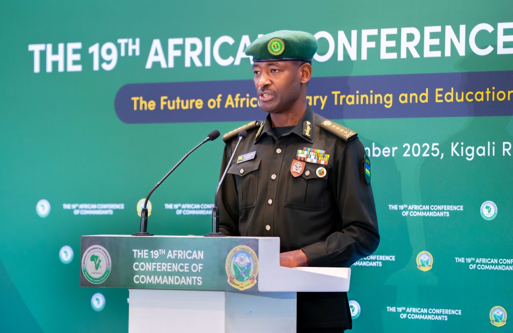 Rwanda Defence Force  Chief of Defence Staff,  Gen Mubarakh Muganga, addresses officers at at the official closing of the 19th African Conference of Commandants (ACoC) on November 12. Courtesy
