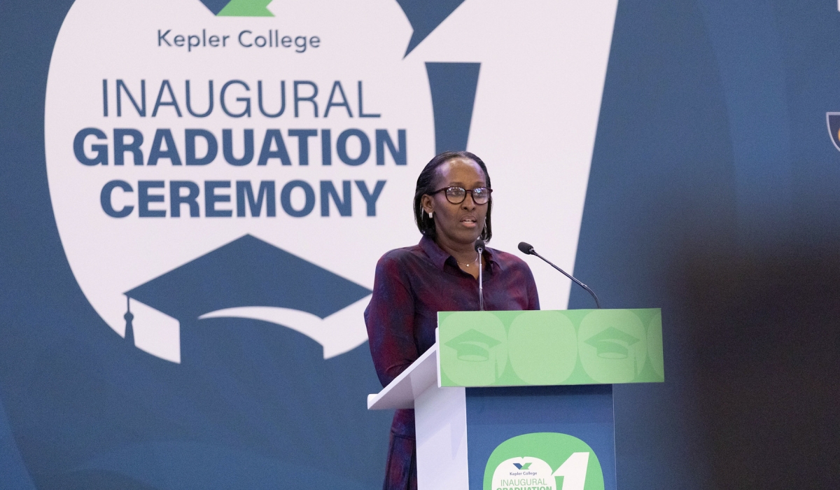 First Lady Jeannette Kagame delivers her remarks during the graduation ceremony of Kepler College, at the Kigali Convention Centre on Wednesday, November 12. Photos by Dan Gatsinzi