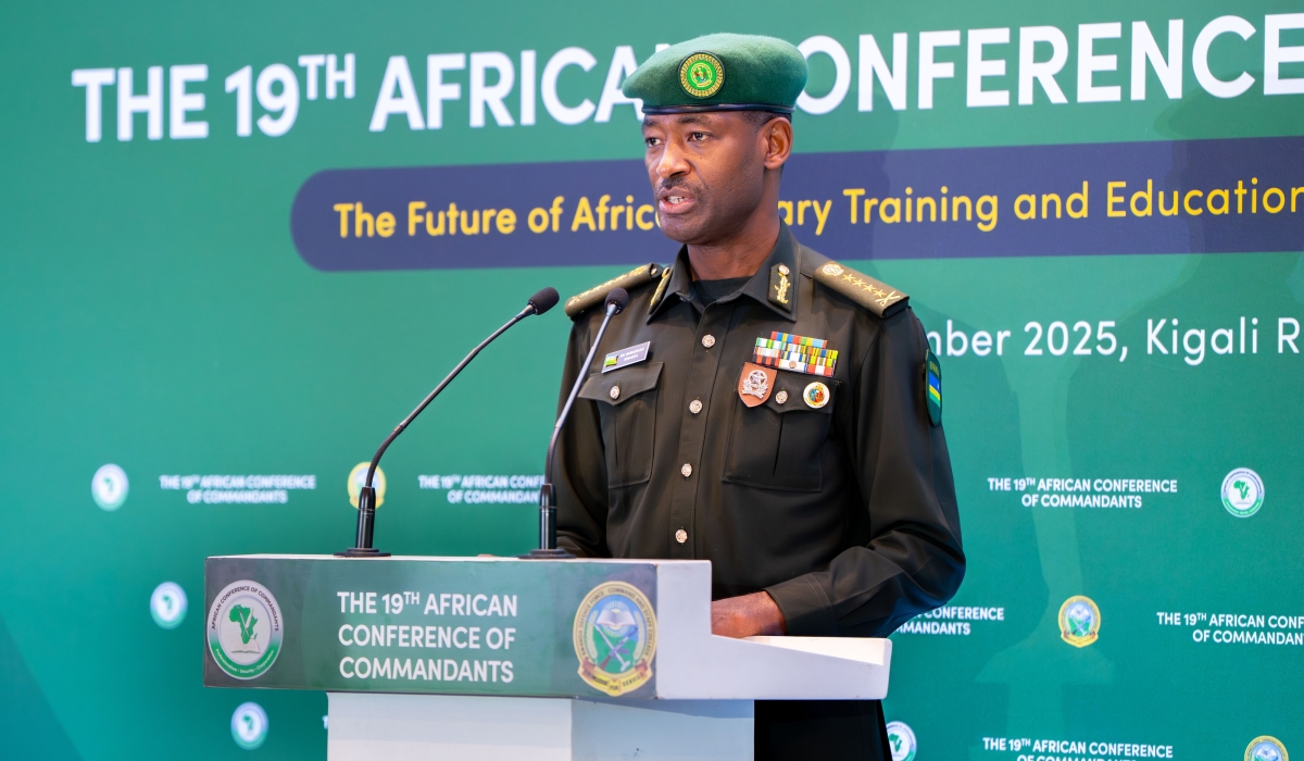 Rwanda Defence Force  Chief of Defence Staff,  Gen Mubarakh Muganga, addresses officers at at the official closing of the 19th African Conference of Commandants (ACoC) on November 12. Courtesy