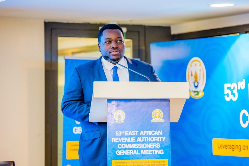State Minister for National Treasury Godfrey Kabera addresses delegates at the opening of the 53rd East African Revenue Authorities Commissioners General (EARACGs) Meeting in Kigali on November 13. courtesy