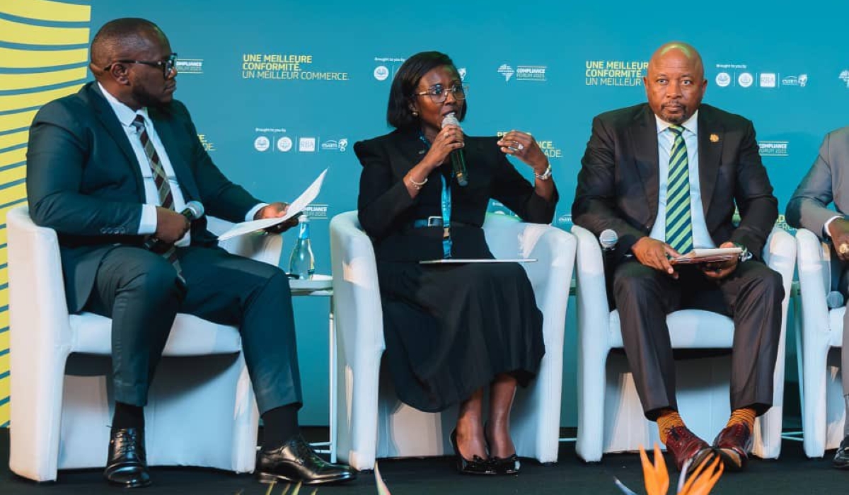 Carine Umutoni, Managing Director of Ecobank Rwanda and other panelists engage in a discussion during the African Export-Import Bank (Afreximbank) Compliance Forum (ACF) in Kigali on Wednesday, November 12. PHOTOS BY Kellya Keza