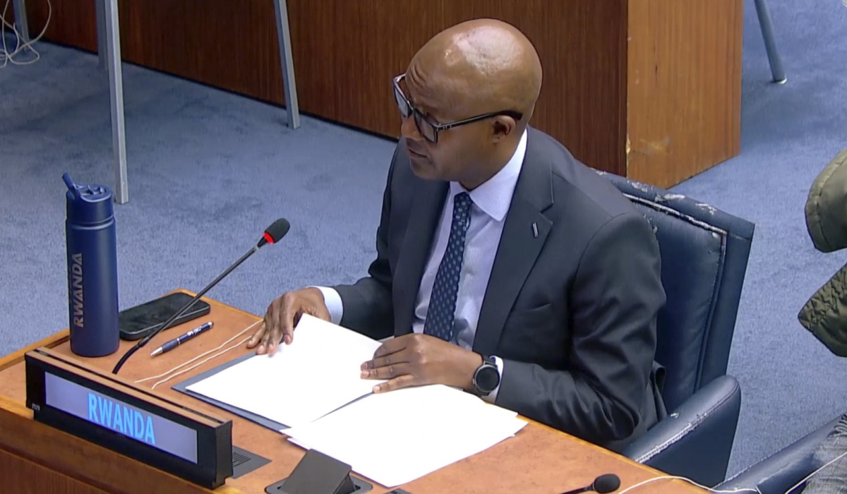 Rwanda’s Military Advisor to the UN, Col Deo Mutabazi, delivers Rwanda’s statement during the Fourth Committee debate on the comprehensive review of peacekeeping operations on November 11. Courtesy