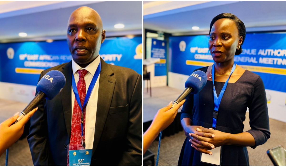 Alex Mwangi (L), Acting Commissioner for Business Strategy, Technology and Enterprise Modernization at the Kenya Revenue Authority; and Diana Kisaka, Assistant Commissioner for Finance at the Uganda Revenue Authority (URA) and Chairperson of East African Revenue Authorities Technical Committee (EARATC) during an interview at the meeting. EMMANUEL NTIRENGANYA