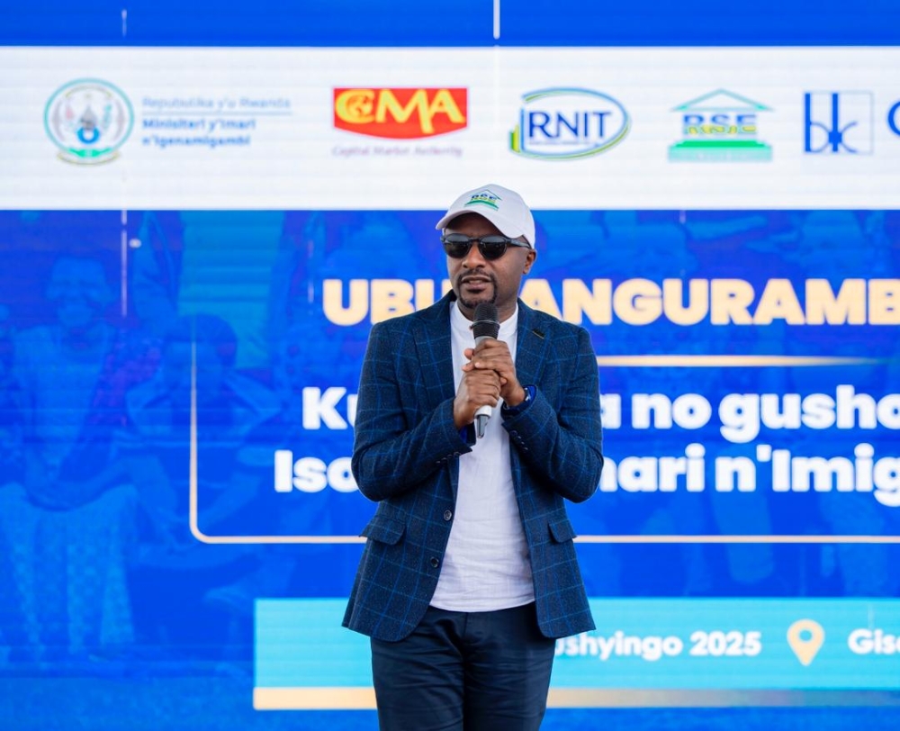 Pierre-Célestin Rwabukumba, Chief Executive Officer of Rwanda Stock Exchange, speaks during the event.