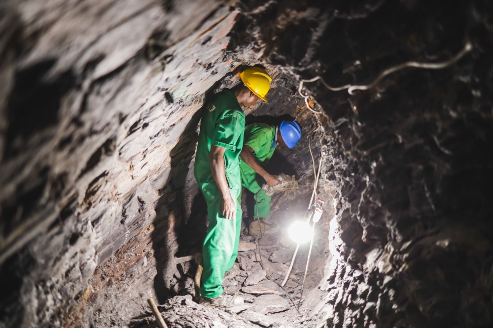 Miners on duty inside a tunnel in Rulindo District. Over 90 per cent of miners are still unaware of their legal rights, leaving many vulnerable to unsafe working environments. Craish Bahizi