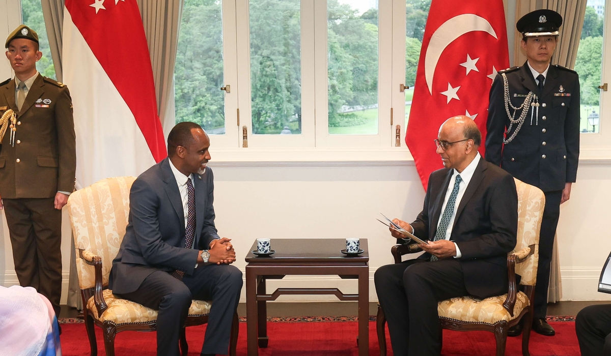 Rwanda’s High Commissioner to Singapore, Innocent Muhizi, presents his letters of credence to Tharman Shanmugaratnam, the Singaporean president  on Monday, November 17. Courtesy