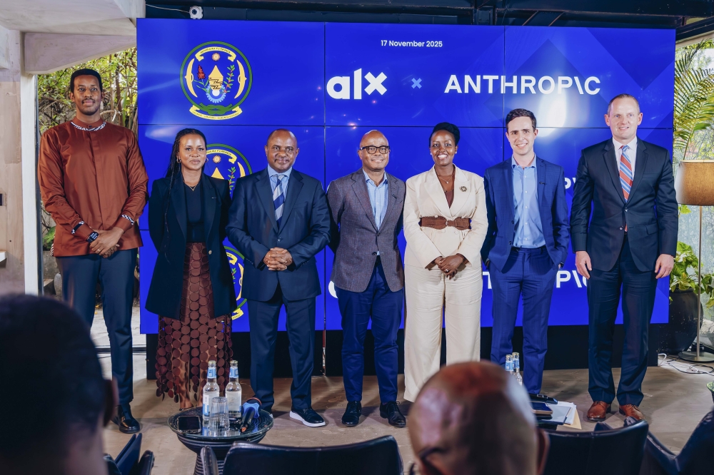 Officials pose for a group photo during the launch of ‘Chidi’, a ground-breaking AI learning companion built in partnership with Anthropic and the Government of Rwanda. Courtesy