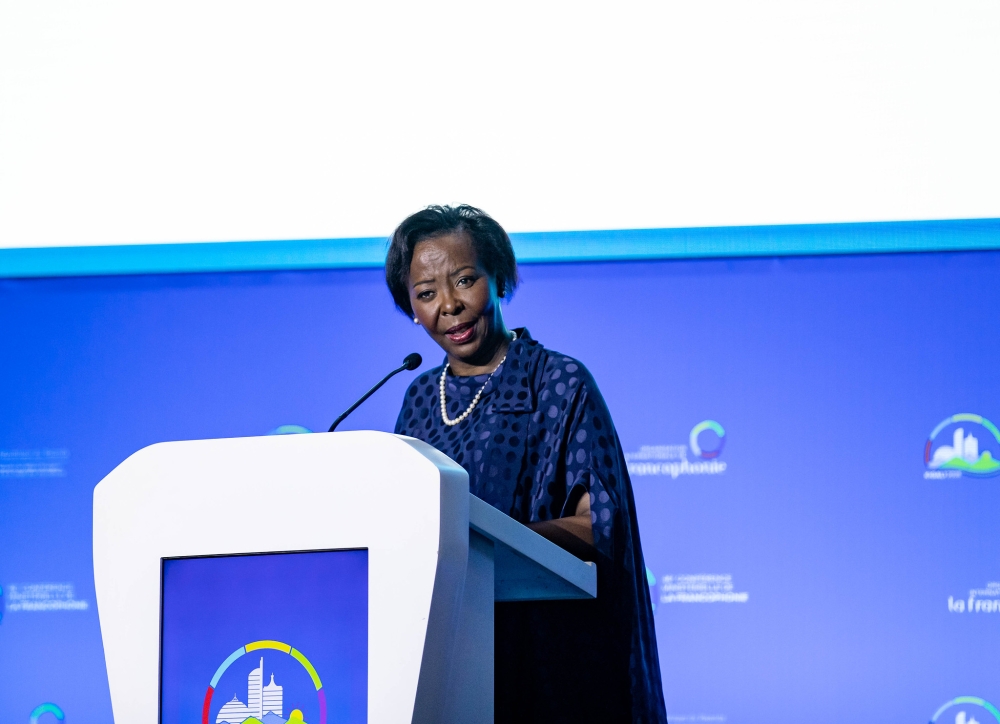 The Secretary General of the International Organisation of La Francophonie (OIF), Louise Mushikiwabo, delivers her remarks during the meeting in Kigali. Photos by Dan Gatsinzi