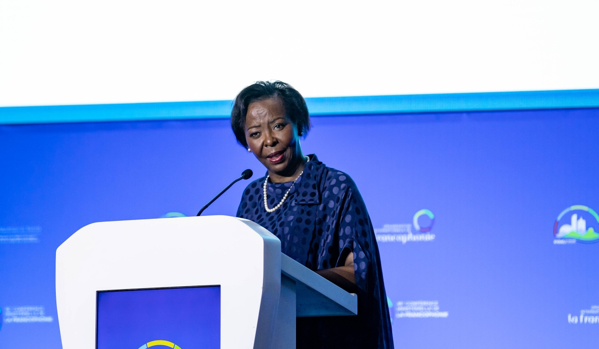 The Secretary General of the International Organisation of La Francophonie (OIF), Louise Mushikiwabo, delivers her remarks during the meeting in Kigali. Photos by Dan Gatsinzi
