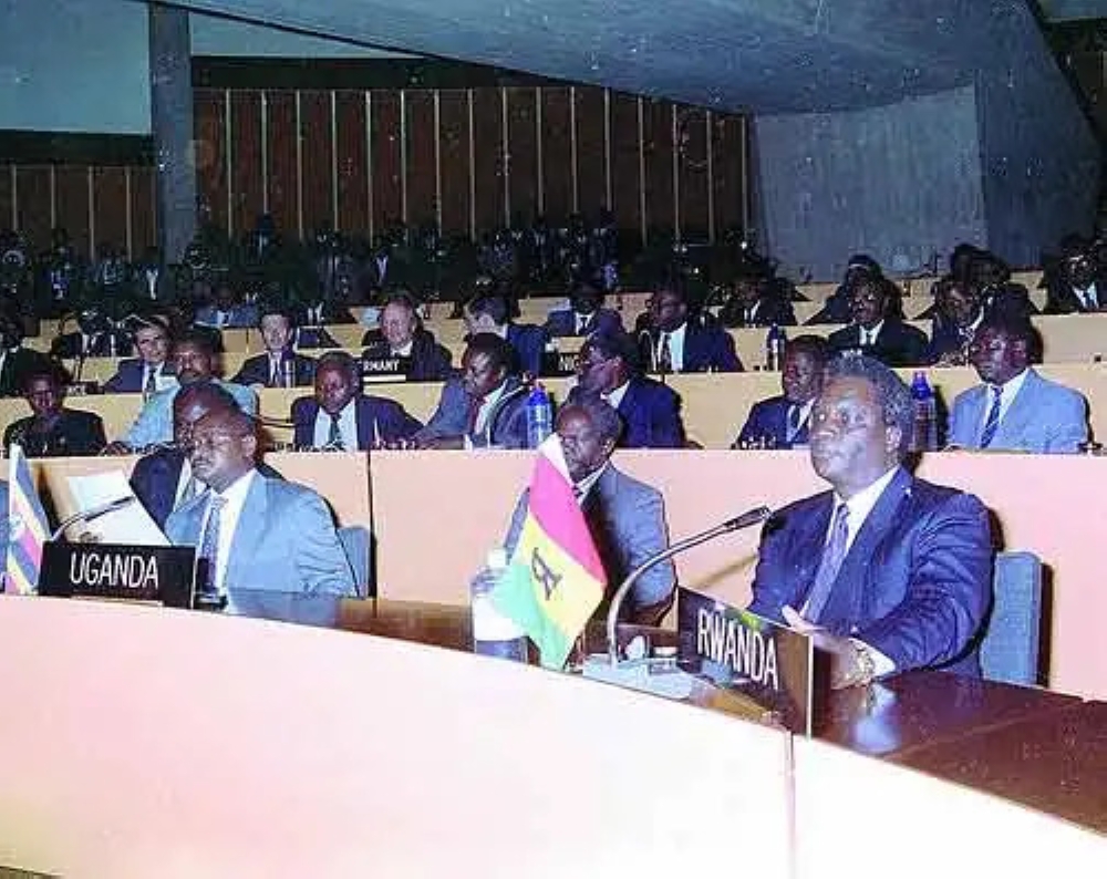 Former President Juvenal Habyarimana and his delegation during Arusha Accords. File