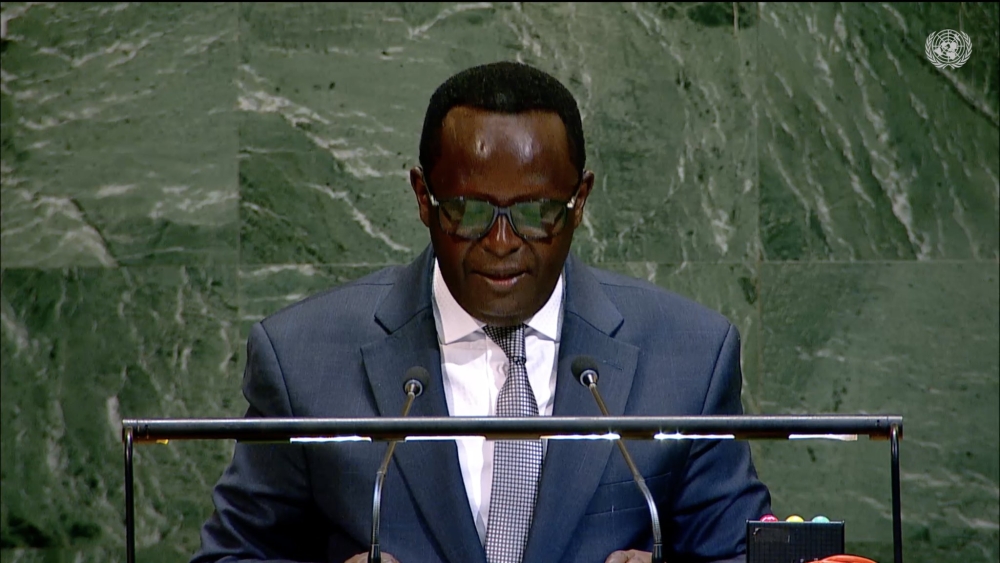 Rwanda’s ambassador to the United Nations, Martin Ngoga, delivers his remarks during the 46th plenary meeting of the 80th session of the UN General Assembly on Wednesday, November 19. Courtesy