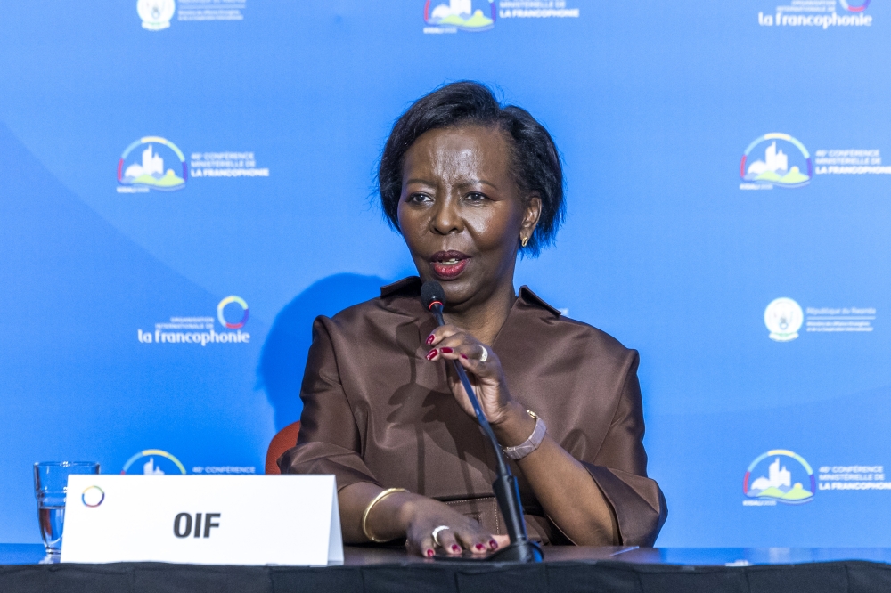 Louise Mushikiwabo, the Secretary General of the International Organisation of La Francophonie (OIF), speaks at a press conference in Kigali on November 20. Photo by Olivier Mugwiza