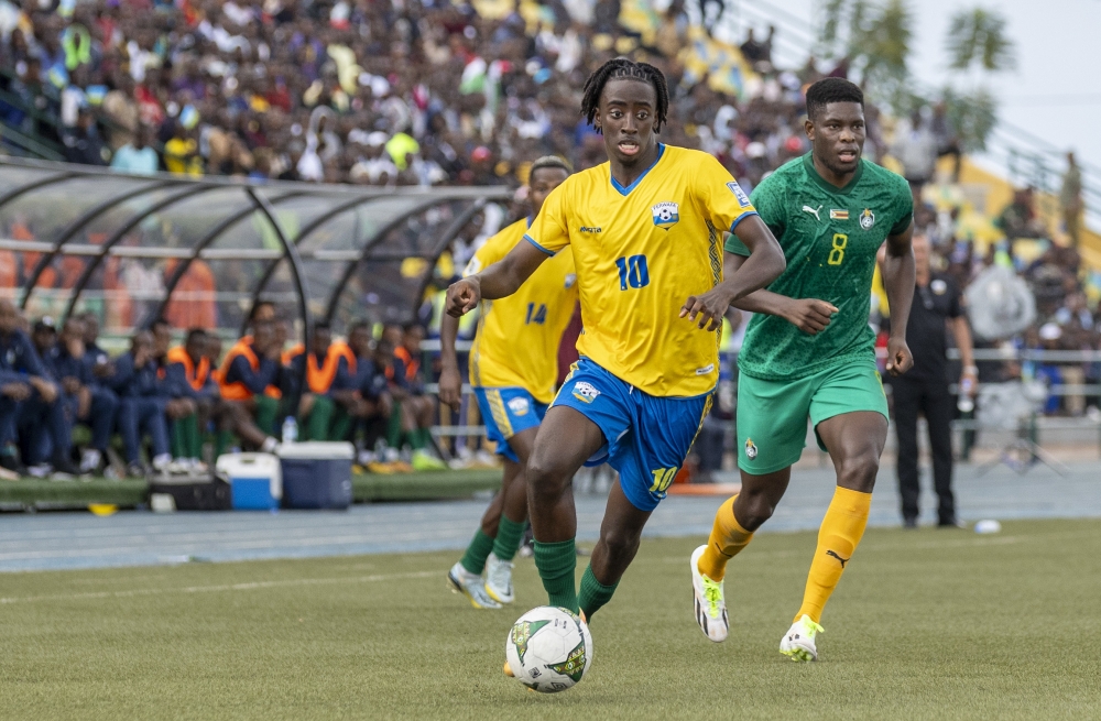 National team player Hakim Sahabo wins the ball against a Zimbabwean opponent during a World Cup 2026 qualifier held at Huye Stadium in 2023. Serie A clubs Atalanta and Bologna have reportedly showed interest for the Standard de Liege midfielder.Photo by Olivier Mugwiza