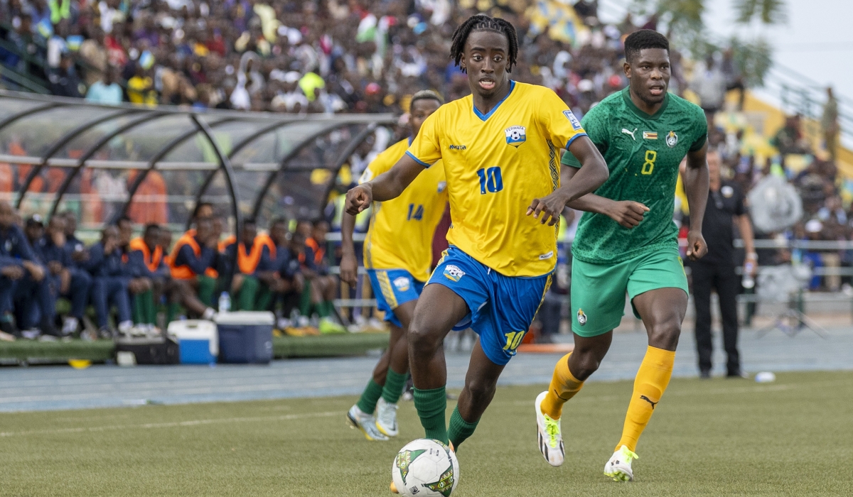 National team player Hakim Sahabo wins the ball against a Zimbabwean opponent during a World Cup 2026 qualifier held at Huye Stadium in 2023. Serie A clubs Atalanta and Bologna have reportedly showed interest for the Standard de Liege midfielder.Photo by Olivier Mugwiza