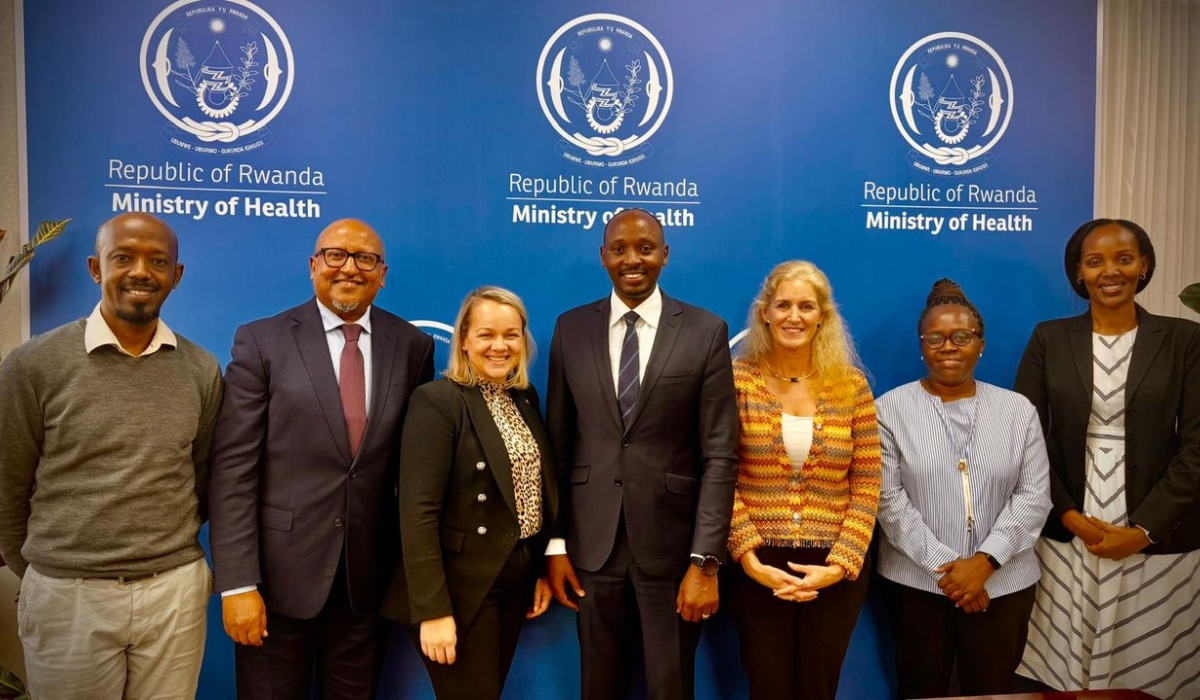 Dr. Menghis Bairu (2nd-L), the Vice Chairman of Cure Blindness Project, and Katherine Overbey (3rd-R), the CEO of the global NGO, meet with Dr. Sabin Nsanzimana (C), Rwanda’s Minister of Health, with their delegation on November 14, 2025 in Kigali. Courtesy