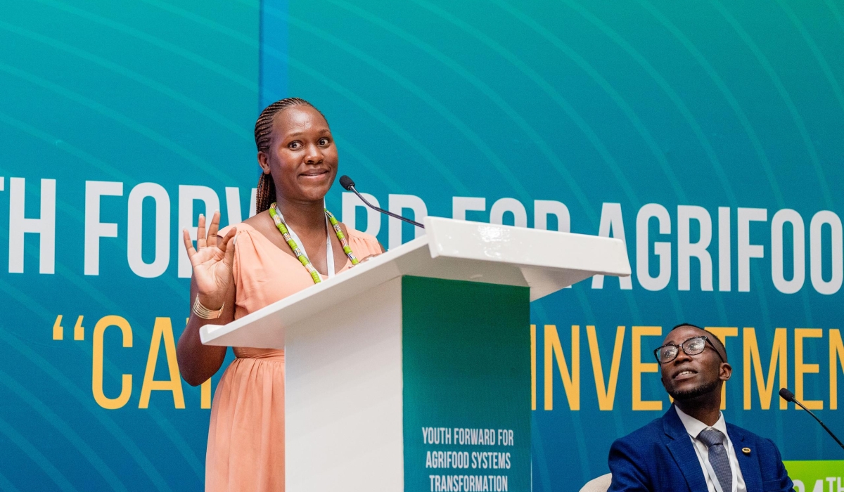 Mariette Mico shares her experience and how she ended up liking agriculture, as Janvier Nsanzimana (R) follow at the Youth Forward for Agrifood Systems Transformation (YOUTH FAST) Forum 2025, in Kigali, on November 24 (courtesy)