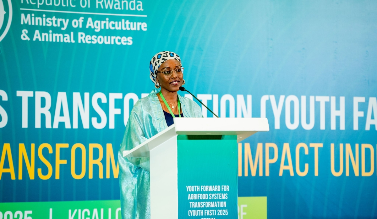 Agripreneur Sakina Usengimana, Chairperson of Rwanda Youth in Agribusiness Forum, speaks during the Youth Forward for Agrifood Systems Transformation Forum 2025, on November 25 (courtesy).