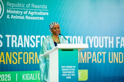 Agripreneur Sakina Usengimana, Chairperson of Rwanda Youth in Agribusiness Forum, speaks during the Youth Forward for Agrifood Systems Transformation Forum 2025, on November 25 (courtesy).