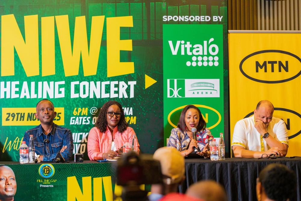 L–R: Gospel artiste Richard Nick Ngendahayo; Natacha Haguma, CEO of Fill the Gap; Media Umulisa Rutayisire, General Manager of Mövenpick Hotels & Resorts Kigali; and Alain Numa, MTN Rwanda’s Corporate Social Responsibility Manager, during the press briefing for the Niwe Healing Concert at BK Arena on November 25. Courtesy