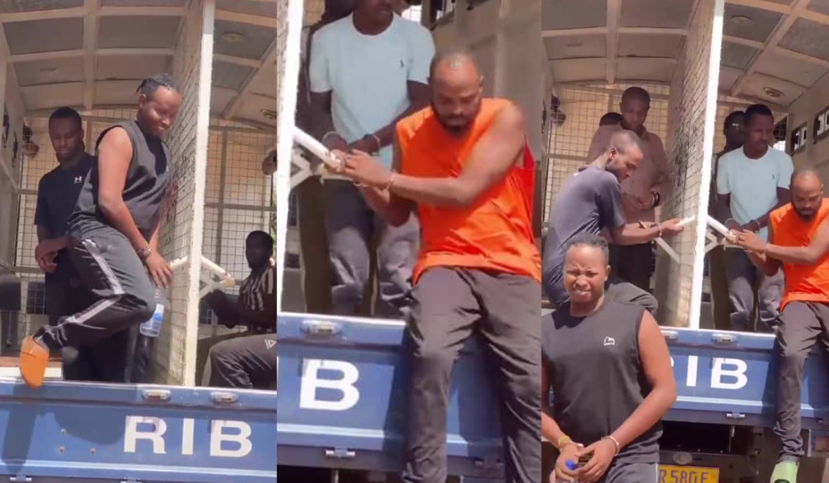 L–R: Patrick Ishimwe (in a black singlet), widely known as Pazzo Man, and John Kalisa (in an orange singlet), known as Kjohn, arrive at Kicukiro Primary Court on Thursday, November 27, where they are being prosecuted for their alleged role in circulating a sex tape involving Yampano. Courtesy