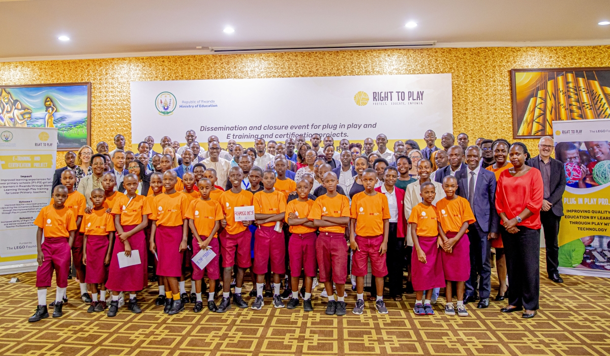 Students and other delegates pose for a group photo during the dissemination and official closure event for the Plug and Play and E-Training and Certification projects, which began in 2021 and 2022 respectively, held at Lemigo Hotel on November 26. Photo by Keza Kellya Raissa