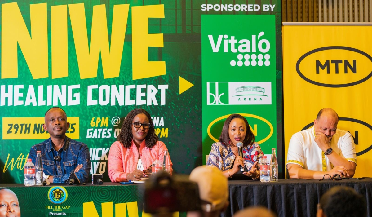 L–R: Gospel artiste Richard Nick Ngendahayo; Natacha Haguma, CEO of Fill the Gap; Media Umulisa Rutayisire, General Manager of Mövenpick Hotels & Resorts Kigali; and Alain Numa, MTN Rwanda’s Corporate Social Responsibility Manager, during the press briefing for the Niwe Healing Concert at BK Arena on November 25. Courtesy