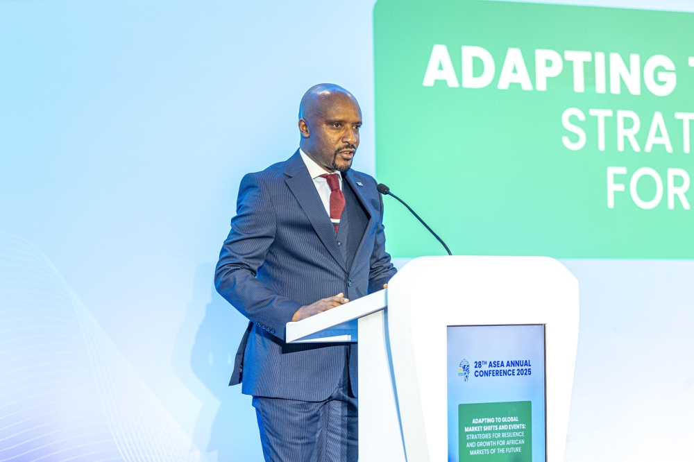 ASEA President and RSE CEO, Pierre-Célestin Rwabukumba, speaks during the 28th African Securities Exchanges Association (ASEA) Annual Conference, held in Kigali from November 27.
