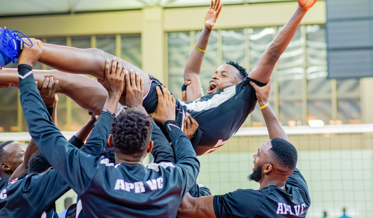 APR VC players celebrate after beating Police VC in a thrilling Rwanda Volleyball League match held at Petit Stade on Friday.Photo courtesy