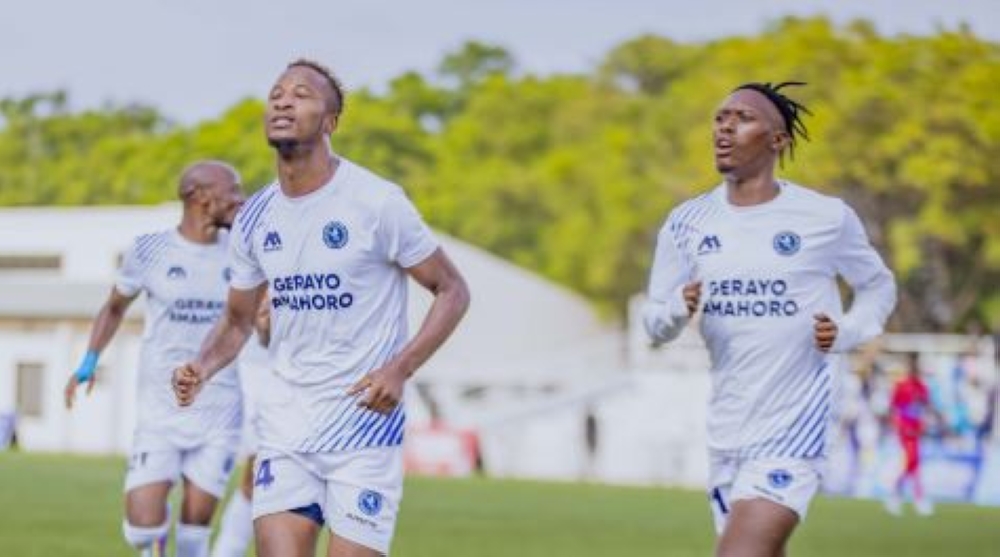 Forward Alain Kwitonda (R) joins Lague Byiringiro (L) in celebration after the latter put his side ahead in Sunday&#039;s 1-1 draw against Musanze FC at Kigali Pele Stadium. Photo courtesy