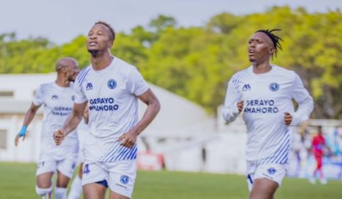 Forward Alain Kwitonda (R) joins Lague Byiringiro (L) in celebration after the latter put his side ahead in Sunday&#039;s 1-1 draw against Musanze FC at Kigali Pele Stadium. Photo courtesy