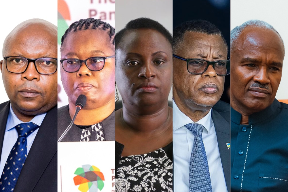 L–R: Telesphore Ndabamenye, Solange Uwituze, Usta Kaitesi, James Kabarebe, and Charles Murigande are among the officials appointed by President Paul Kagame on December 1. Courtesy