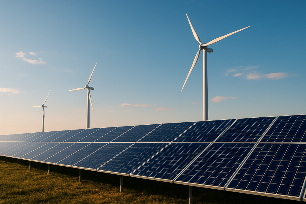 Solar panels and wind turbines at a renewable-energy site. Expanding such projects will require extensive reskilling as Africa moves toward a just energy transition. Net photo