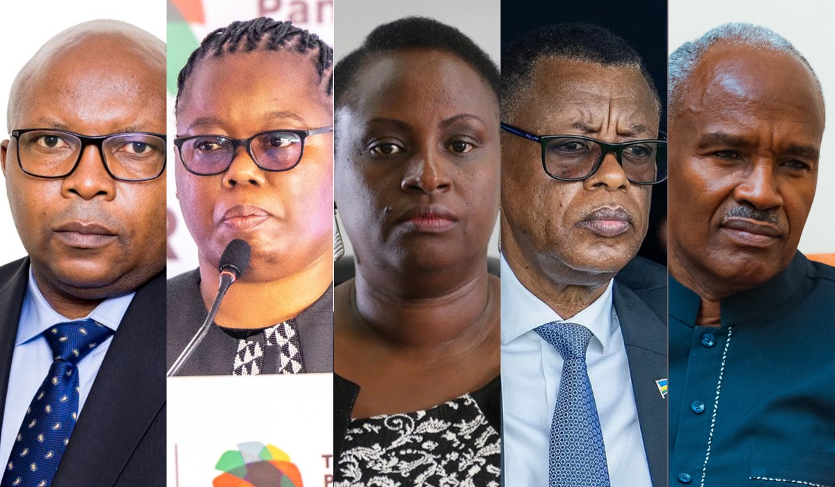 L–R: Telesphore Ndabamenye, Solange Uwituze, Usta Kaitesi, James Kabarebe, and Charles Murigande are among the officials appointed by President Paul Kagame on December 1. Courtesy