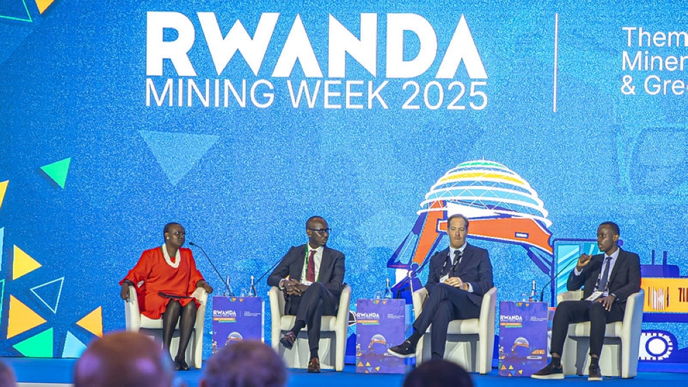 L-R: Moderator Jackie Lumbasi, Zora Robotics CEO Benjamin Karenzi, PRI CEO Ray Power, and MineTech CEO Kelvin Rwihimba during a panel discussion  on ‘Mines of Tomorrow: Robotics for Smart Mining.’ Photo: Keza Kellya Raissa.