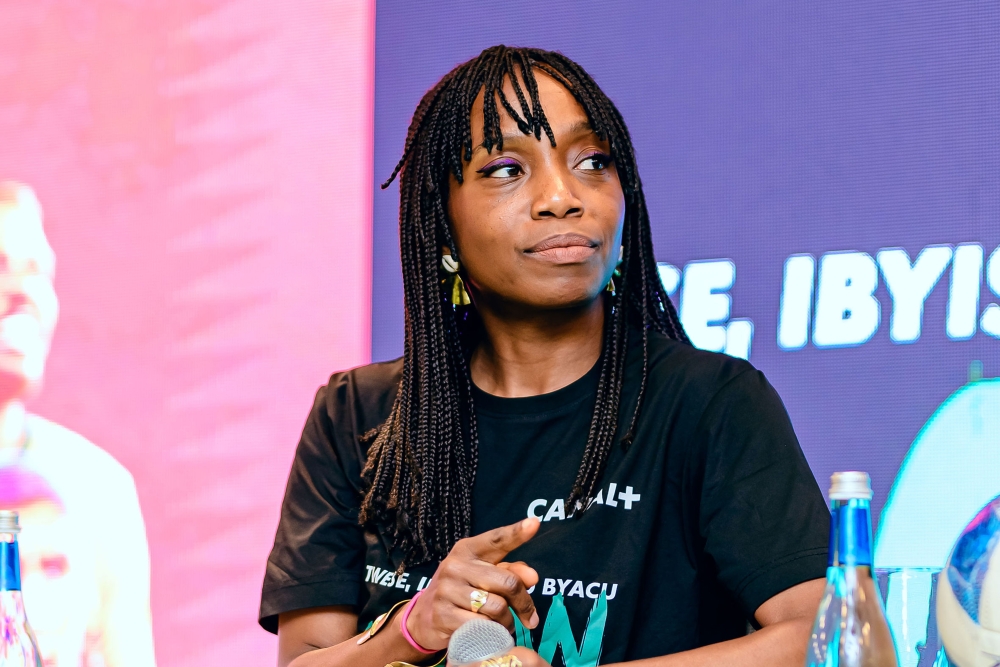 Sophie Tchatchoua, Managing Director of CANAL+ Rwanda, speaks to journalists during the launch of the new AFCON-dedicated channel in Kigali on 
December 1. Photos: Courtesy