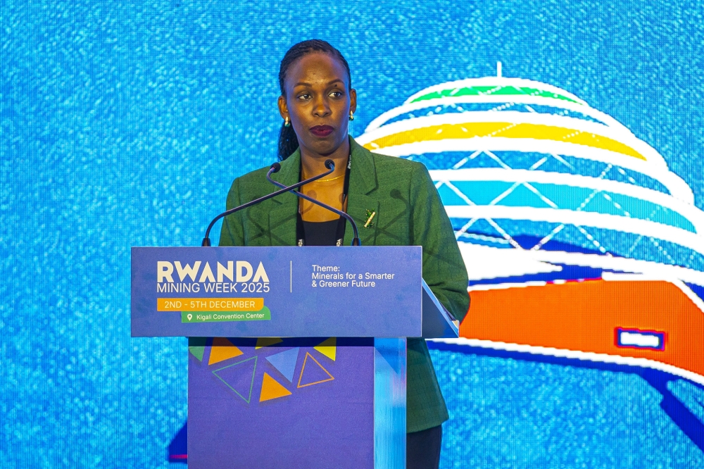 Alice Uwase, Chief Executive Officer of the Rwanda Mines, Petroleum, and Gas Board, speaks during Rwanda Mining Week at the Kigali Convention Centre (KCC) on December 2. Photos by Kellia Keza