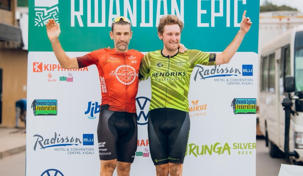 Gathof (L) and Dutch teammate Bart Classens won Stage 3 in Musanze on Wednesday to extend their lead in men's duo race of Rwanda Epic 2025. Photo courtesy