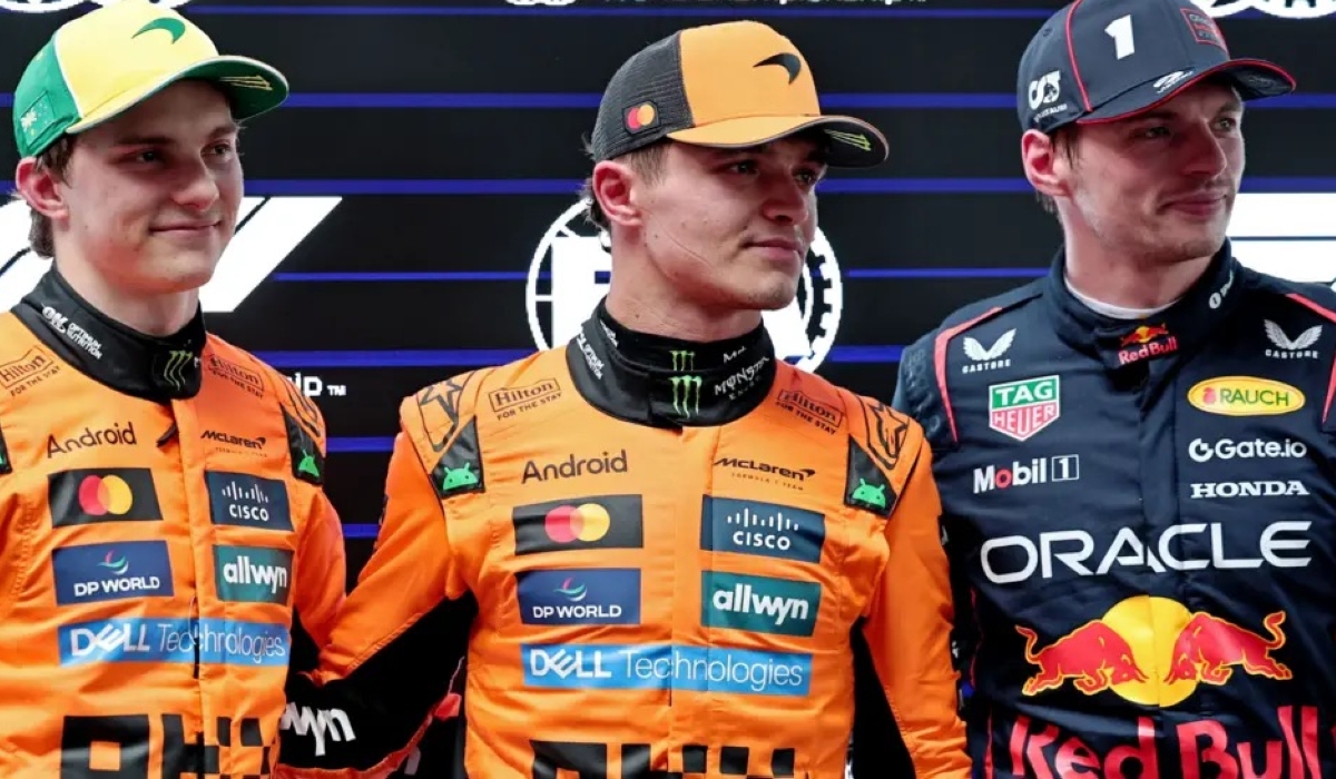 Lando Norris (centre) leads the drivers&#039; championship by 12 points from Red Bull&#039;s Max Verstappen (right) and 16 from McLaren team-mate Oscar Piastri